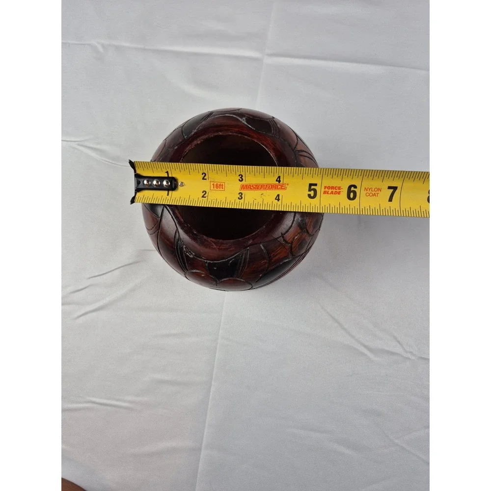 Vintage Hand Carved Wood Bowl Floral Design Dark‎ Stain Boho Decor Rustic
